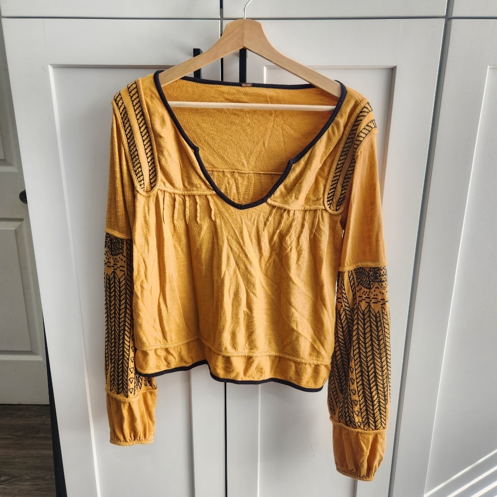 Free People Island Hopper Orange Embroidered Balloon Sleeve Top Boho - Picture 3 of 10